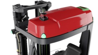 Roof of an automated reach truck from Linde MH with rapid charging function Roof of an automated reach truck from Linde MH with rapid charging function