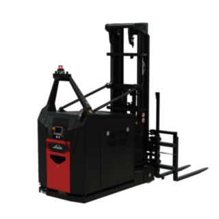 This I-MATIC AC core automated counterbalanced pallet stacker is equipped with a double fork for handling two pallets at the same time.