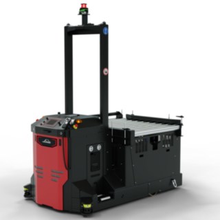 The I-MATIC CT core automated guided vehicle (AGV) from Linde MH is designed to pick up and transport goods from a conveyor system.