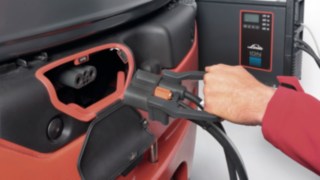 Linde e truck with Li-ION battery connected to the charger Linde e truck with Li-ION battery connected to the charger